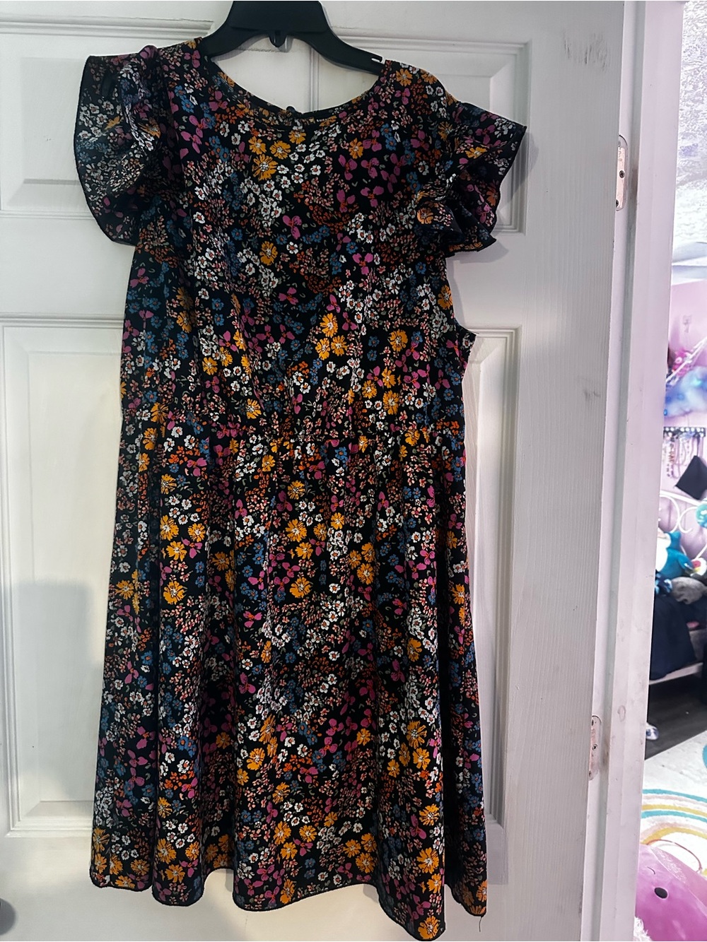 SHEIN Black Floral Midi Dress with Pink & Mustard Accents